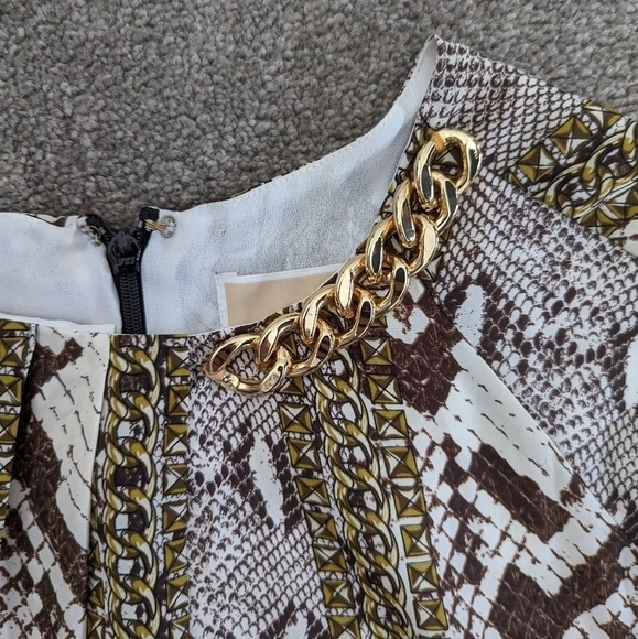 MICHAEL Kors Mixed Snake Print Georgette Shift Gold Chain Brown Dress Size 10 - Picture 5 of 15